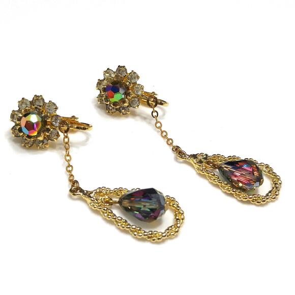 Vintage Czech Peacock Bead Dangle Earrings Floral Rhinestone Gold Tone 1960s - Picture 3 of 10